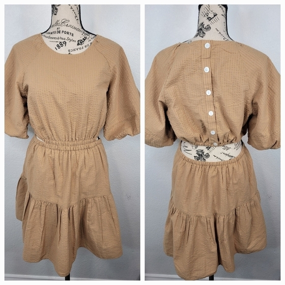 Madewell Dress Small Seersucker Puff Sleeve Cutout NF870 Brown NEW - Picture 2 of 10